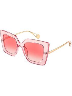 Women's Trendy Square Shades Pearl Inlay Cat Eye UV400 Protection Clear Pink